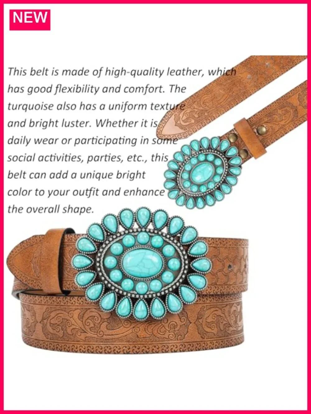 Western Turquoise Buckle Faux Leather Belt for Women Cowgirl Rodeo Country 1.5